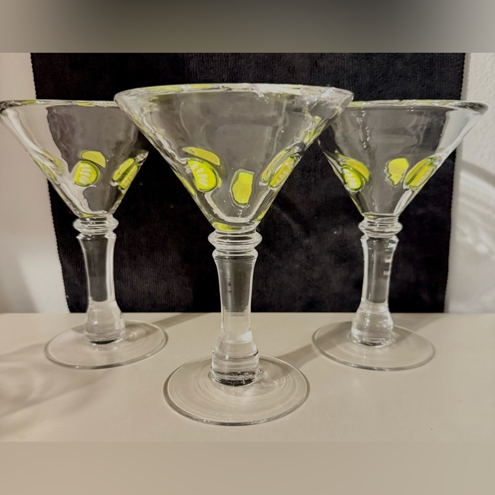 3 hand blown, glass Margarita glasses with embossed limes around the glass. 7”H